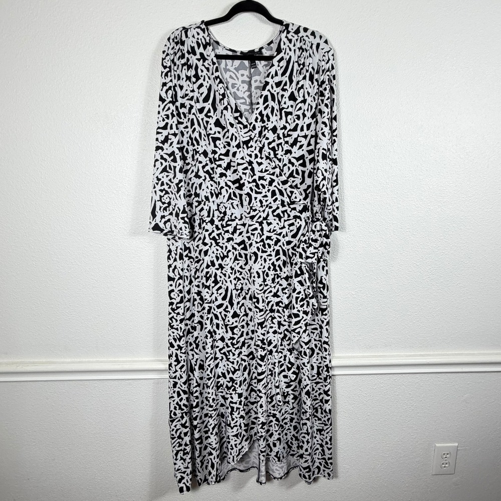 Lane Bryant Womens 22/24 Black White Abstract Faux Wrap Dress Office Siren Retro